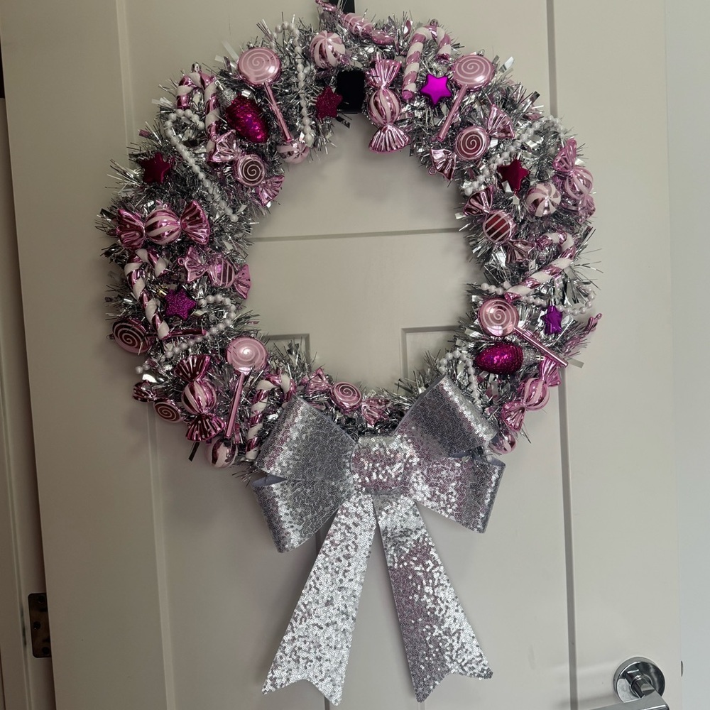 Wreath Christmas candy theme Silver and Pink Holiday Wreath ribbon bow